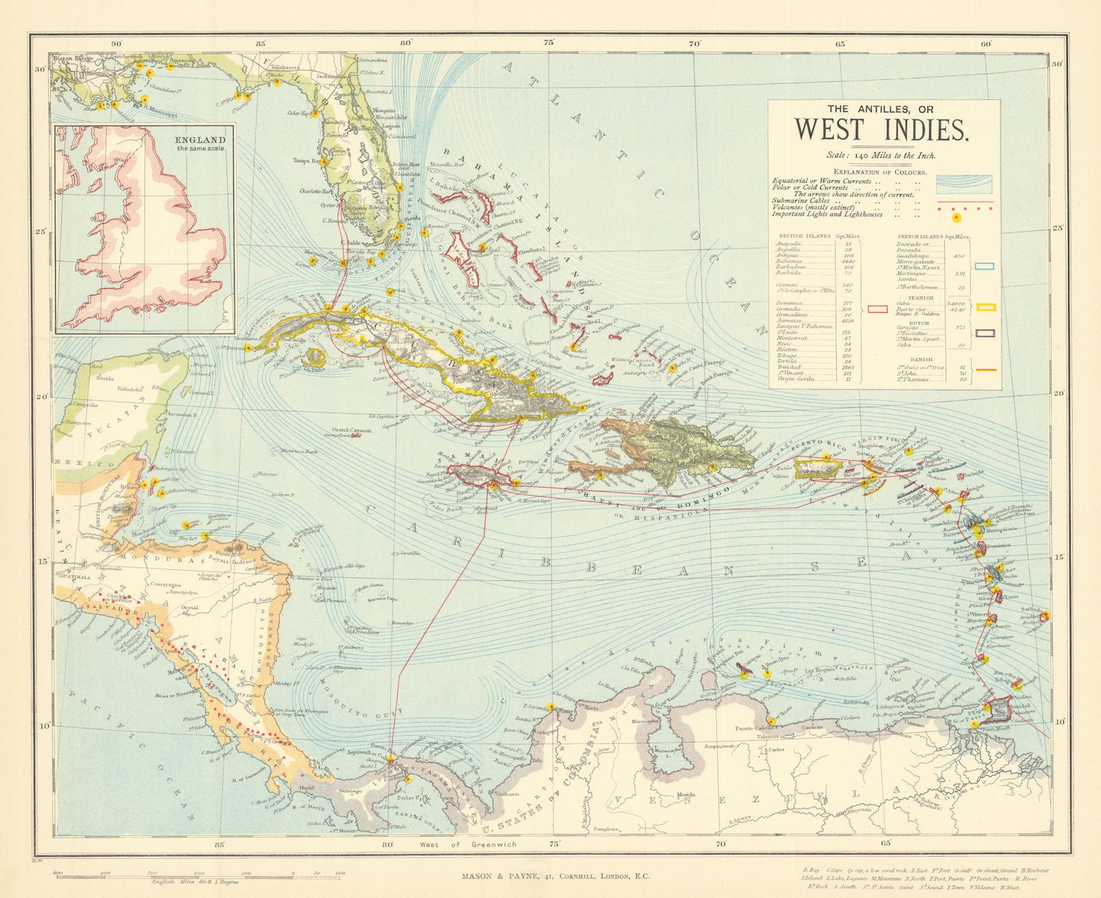 WEST INDIES volcanoes lighthouses telegraph cables. Dutch French. LETTS 1892 map